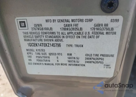 1999 Chevrolet Silverado 1500 Ls from USA, damaged, VIN 1GCEK14T0XZ145796